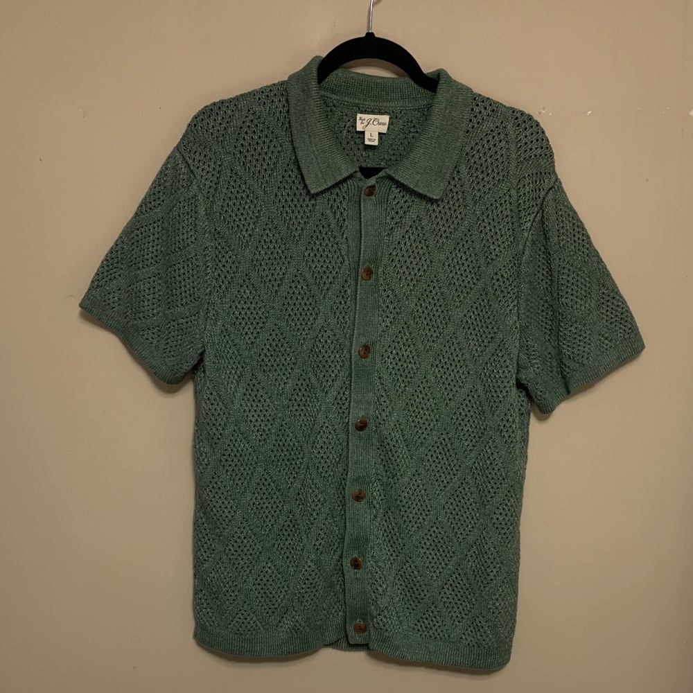 J. Crew Men’s Green Short-Sleeve Linen Diamond-Stitch Large Sweater Polo - Picture 1 of 12